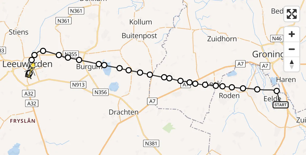 Routekaart van de vlucht: Lifeliner 4 naar Leeuwarden