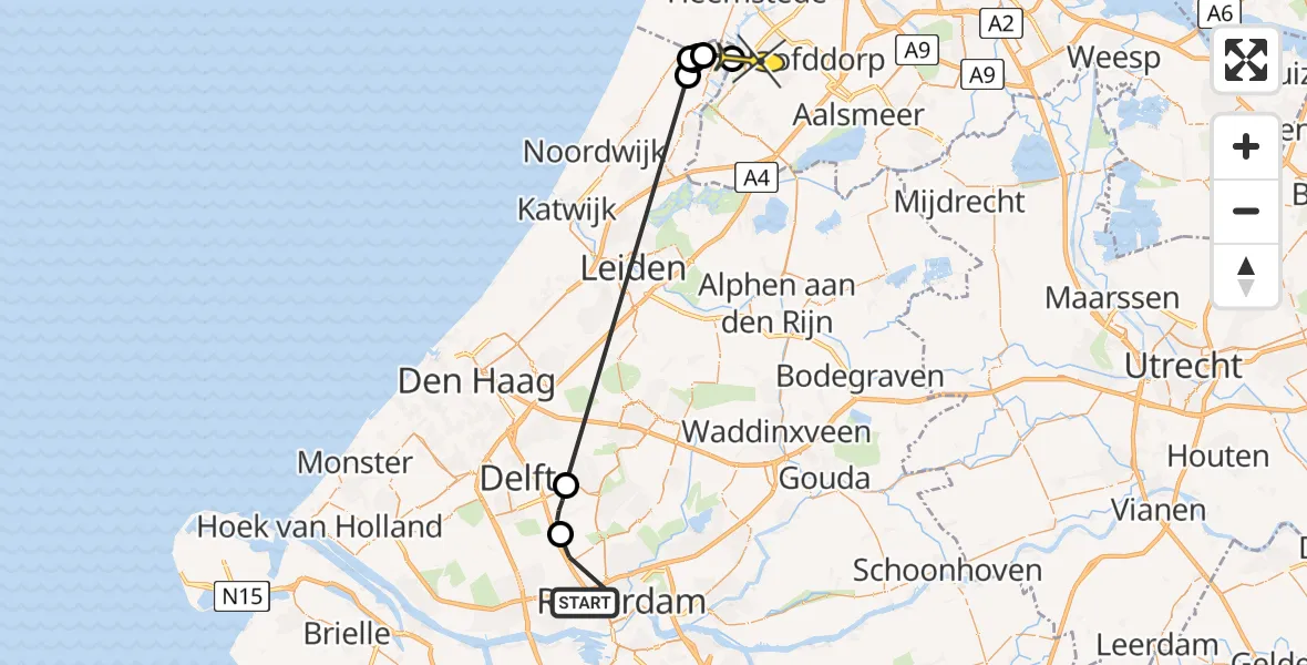 Routekaart van de vlucht: Politiehelikopter naar Hoofddorp