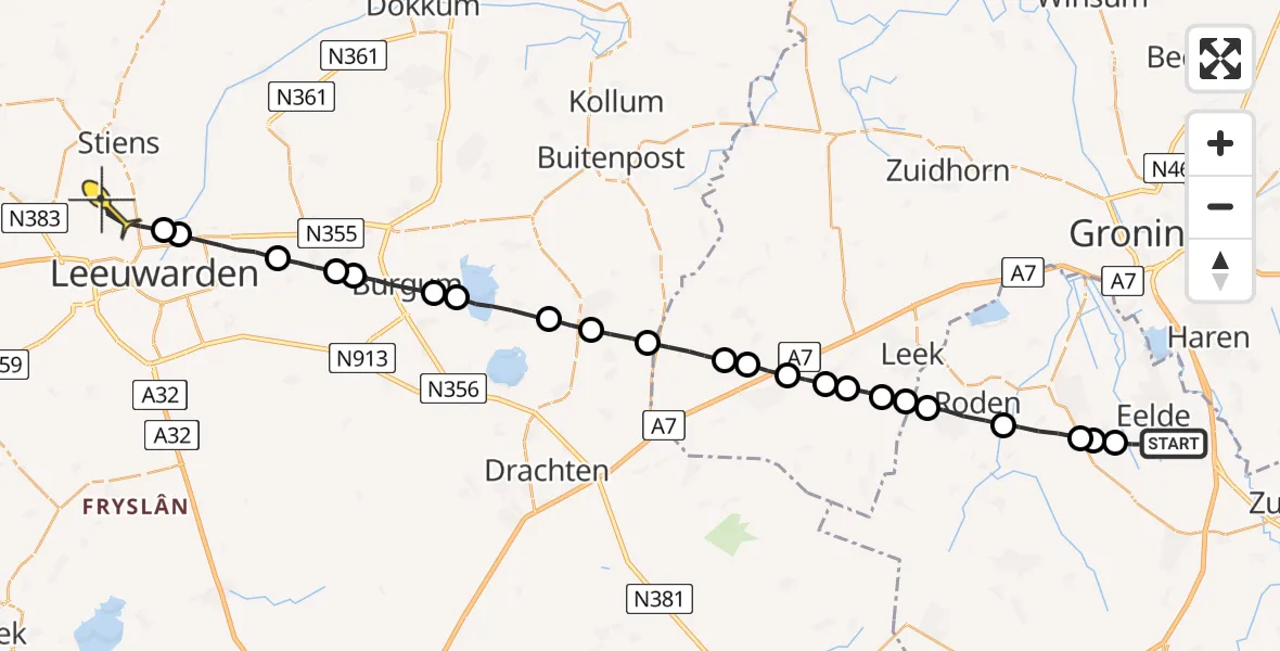 Routekaart van de vlucht: Lifeliner 4 naar Leeuwarden