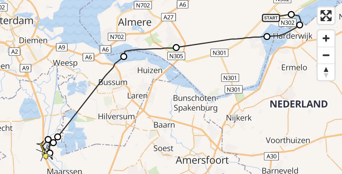 Routekaart van de vlucht: Politiehelikopter naar Breukelen