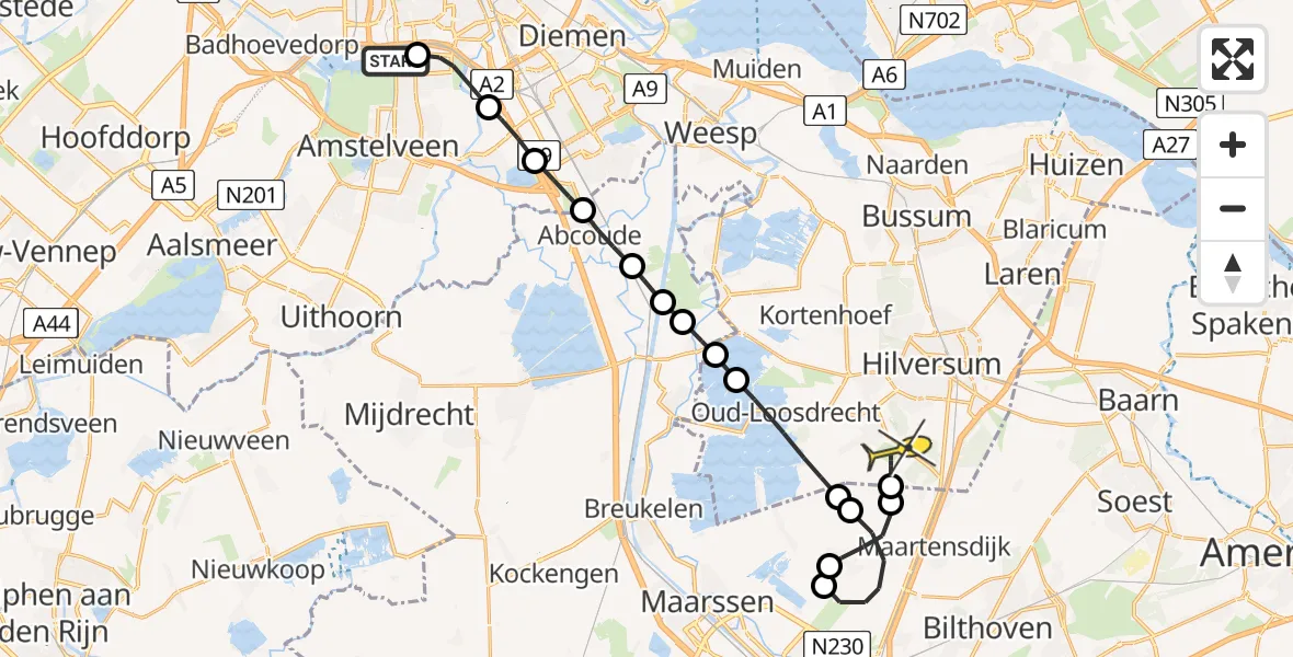 Routekaart van de vlucht: Lifeliner 1 naar Hilversum