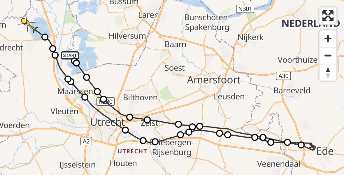 Routekaart van de vlucht: Politieheli naar Waverveen