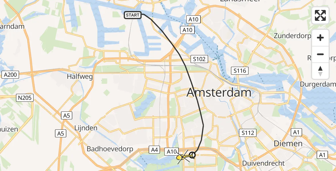 Routekaart van de vlucht: Lifeliner 1 naar VU Medisch Centrum Amsterdam