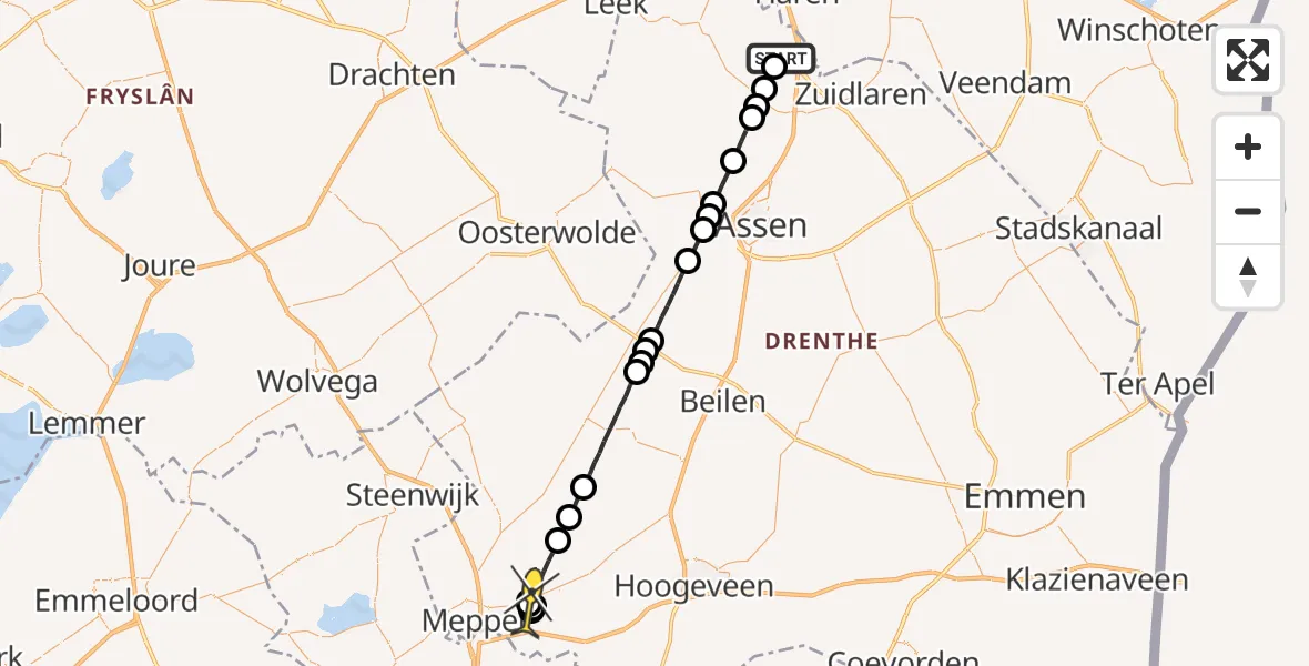 Routekaart van de vlucht: Lifeliner 4 naar Ruinerwold