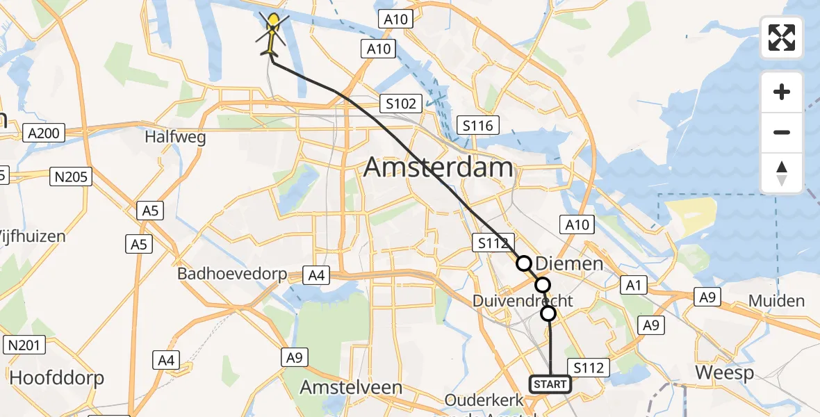 Routekaart van de vlucht: Lifeliner 1 naar Amsterdam