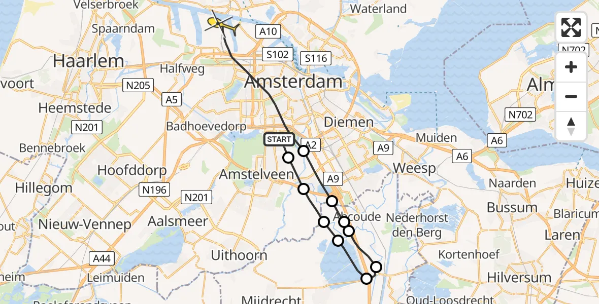 Routekaart van de vlucht: Lifeliner 1 naar Amsterdam