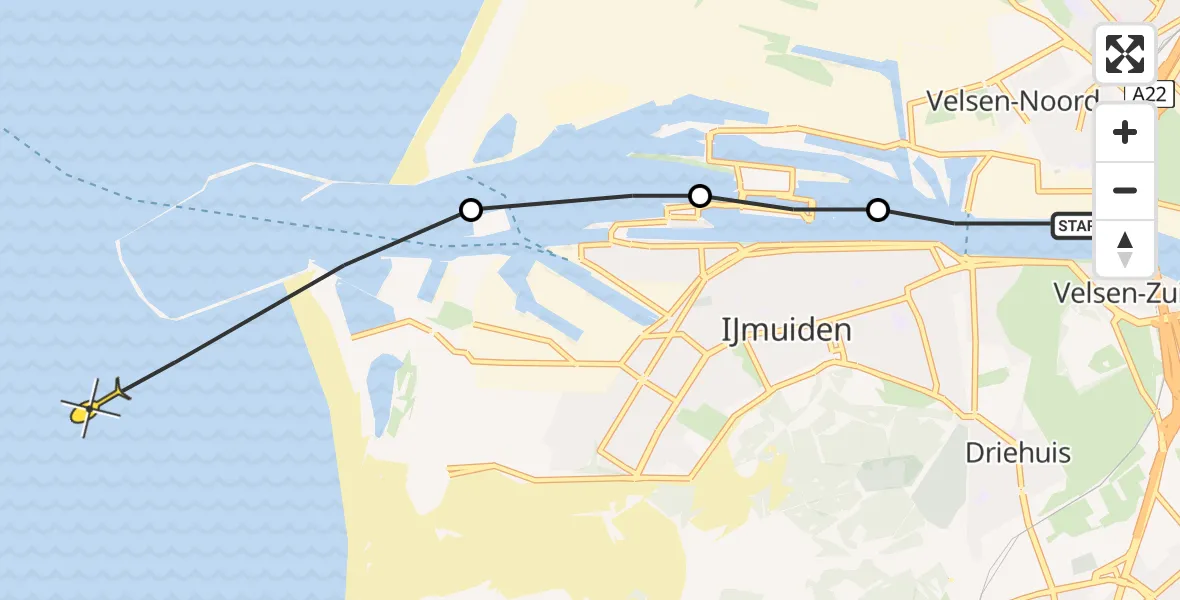 Routekaart van de vlucht: Politiehelikopter naar IJmuiden