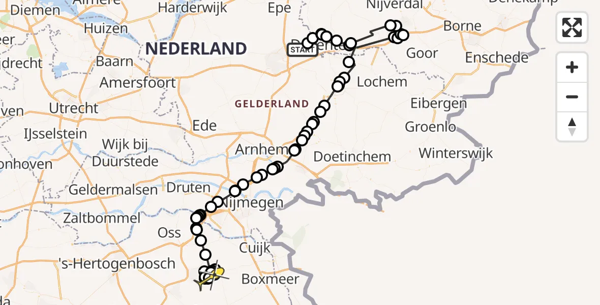 Routekaart van de vlucht: Politiehelikopter naar Vliegbasis Volkel