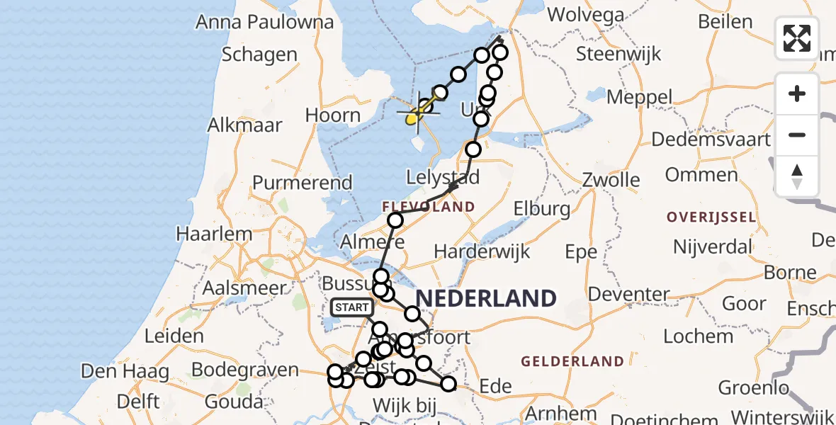 Routekaart van de vlucht: Politieheli naar Lelystad