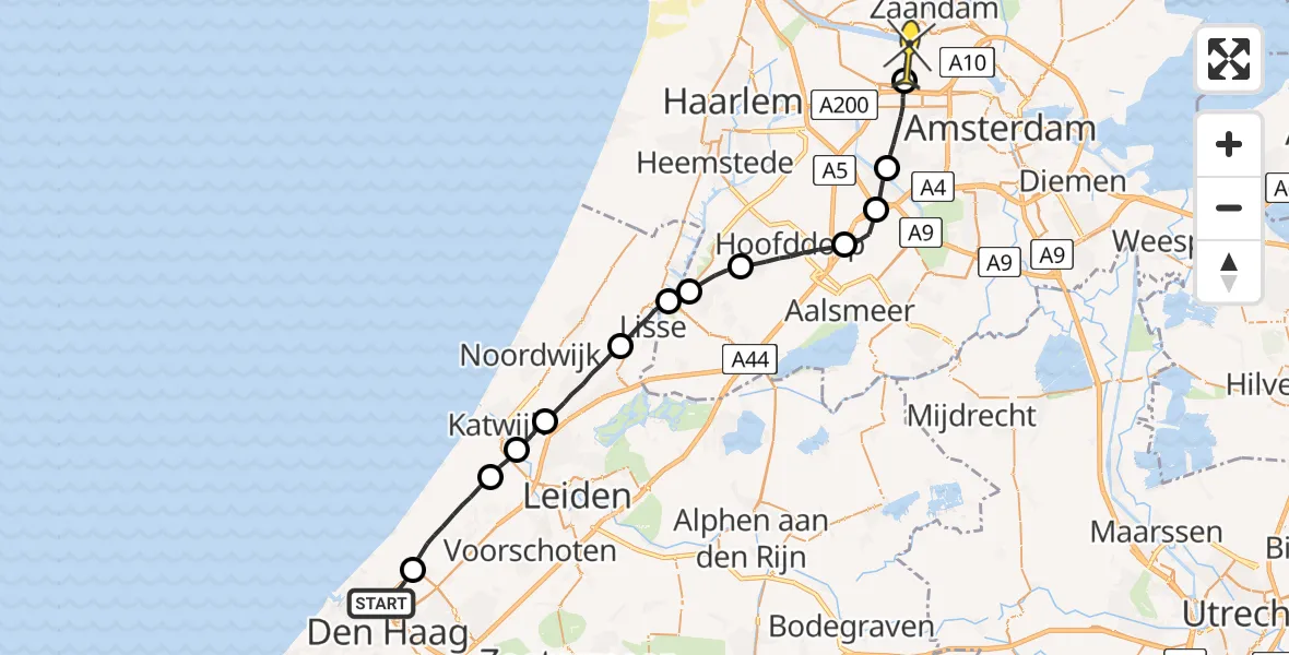 Routekaart van de vlucht: Lifeliner 1 naar Amsterdam Heliport