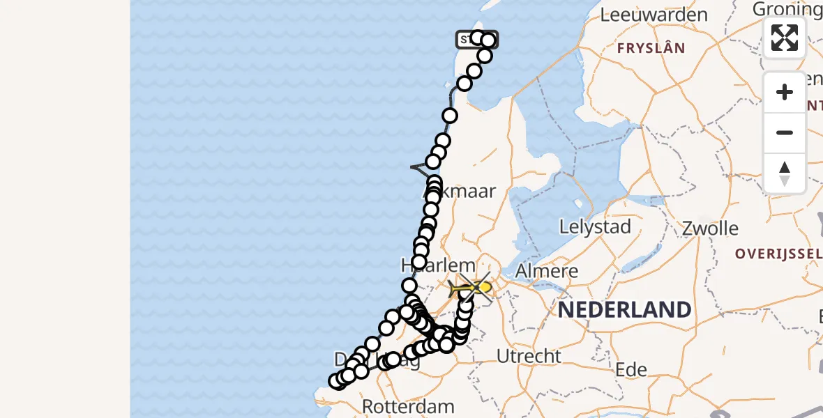 Routekaart van de vlucht: Politieheli naar Schiphol