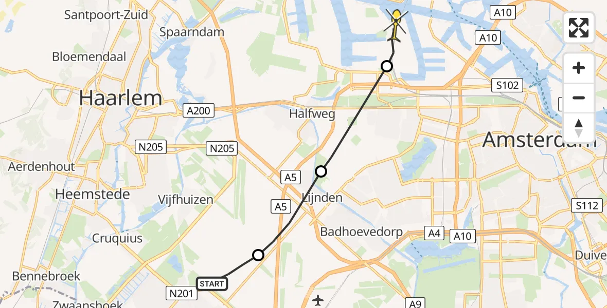 Routekaart van de vlucht: Lifeliner 1 naar Amsterdam Heliport