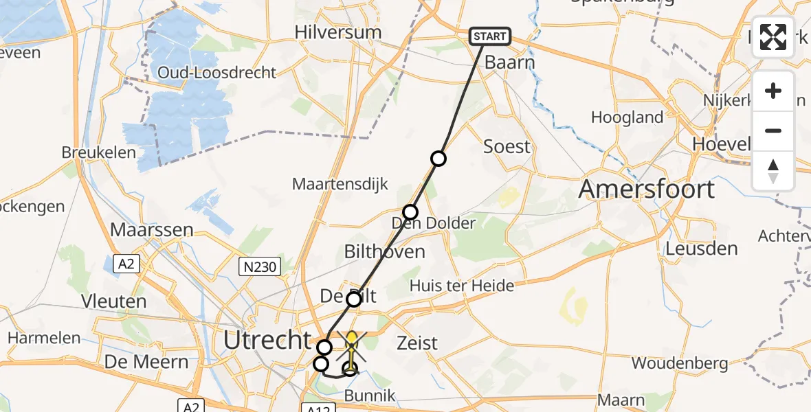 Routekaart van de vlucht: Lifeliner 3 naar Universitair Medisch Centrum Utrecht