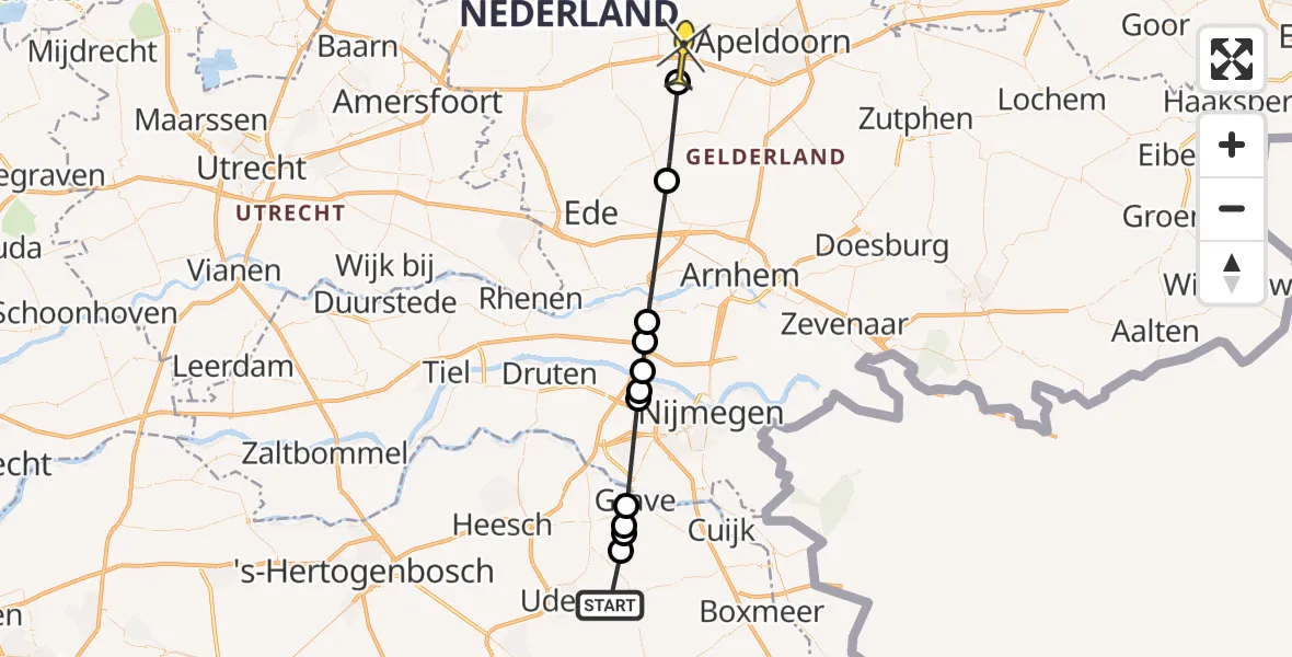 Routekaart van de vlucht: Lifeliner 3 naar Radio Kootwijk