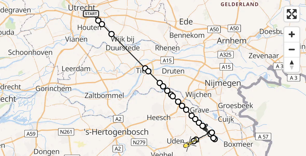 Routekaart van de vlucht: Politiehelikopter naar Vliegbasis Volkel