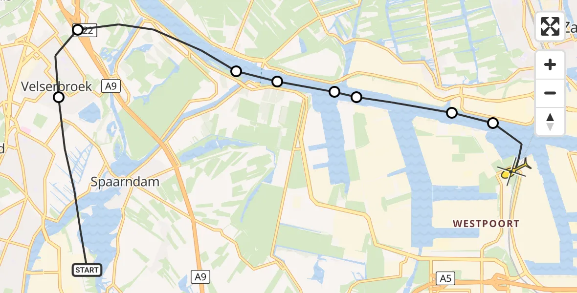 Routekaart van de vlucht: Lifeliner 1 naar Amsterdam Heliport