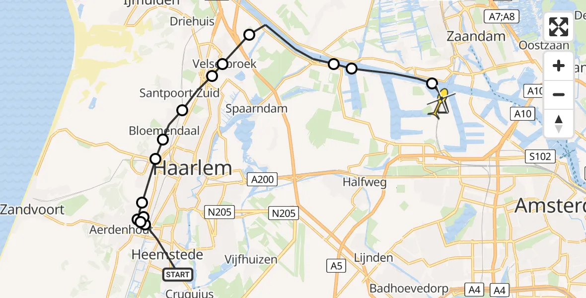 Routekaart van de vlucht: Lifeliner 1 naar Amsterdam Heliport