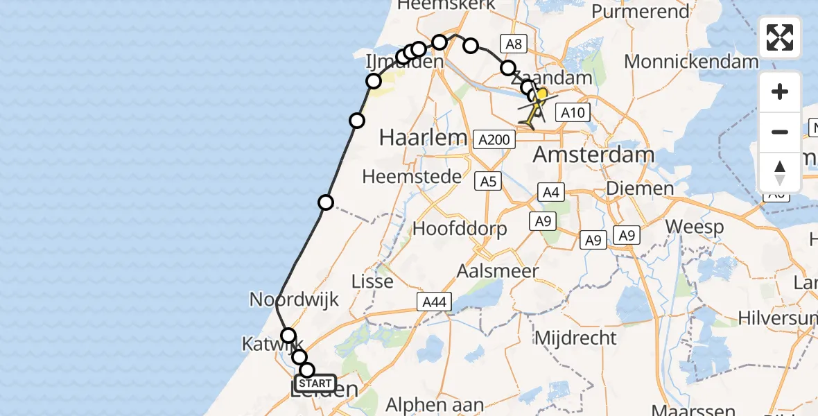 Routekaart van de vlucht: Lifeliner 1 naar Amsterdam Heliport