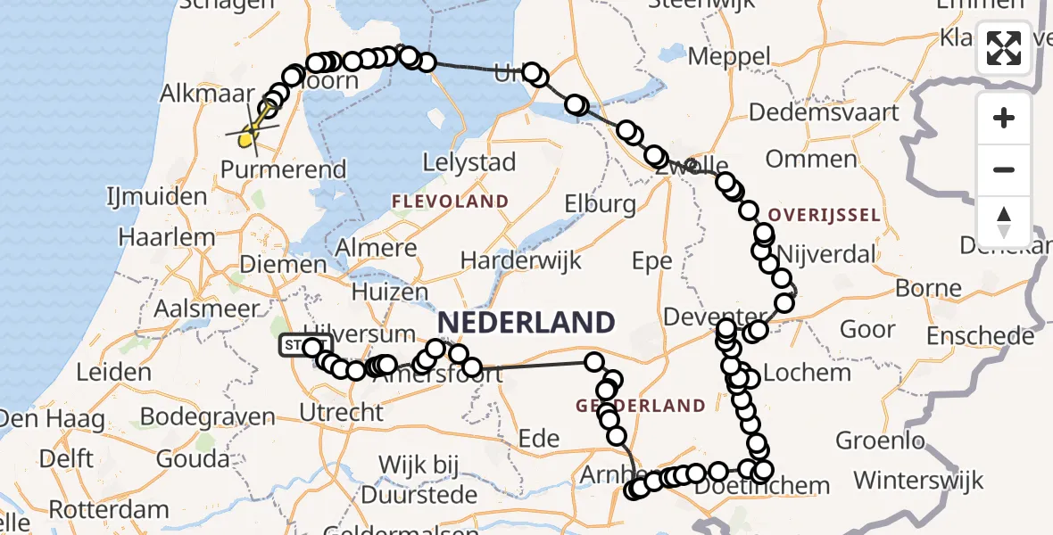 Routekaart van de vlucht: Politiehelikopter naar Westbeemster