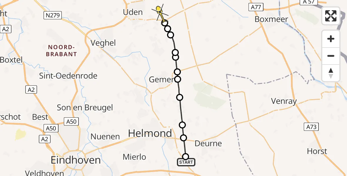 Routekaart van de vlucht: Politiehelikopter naar Vliegbasis Volkel