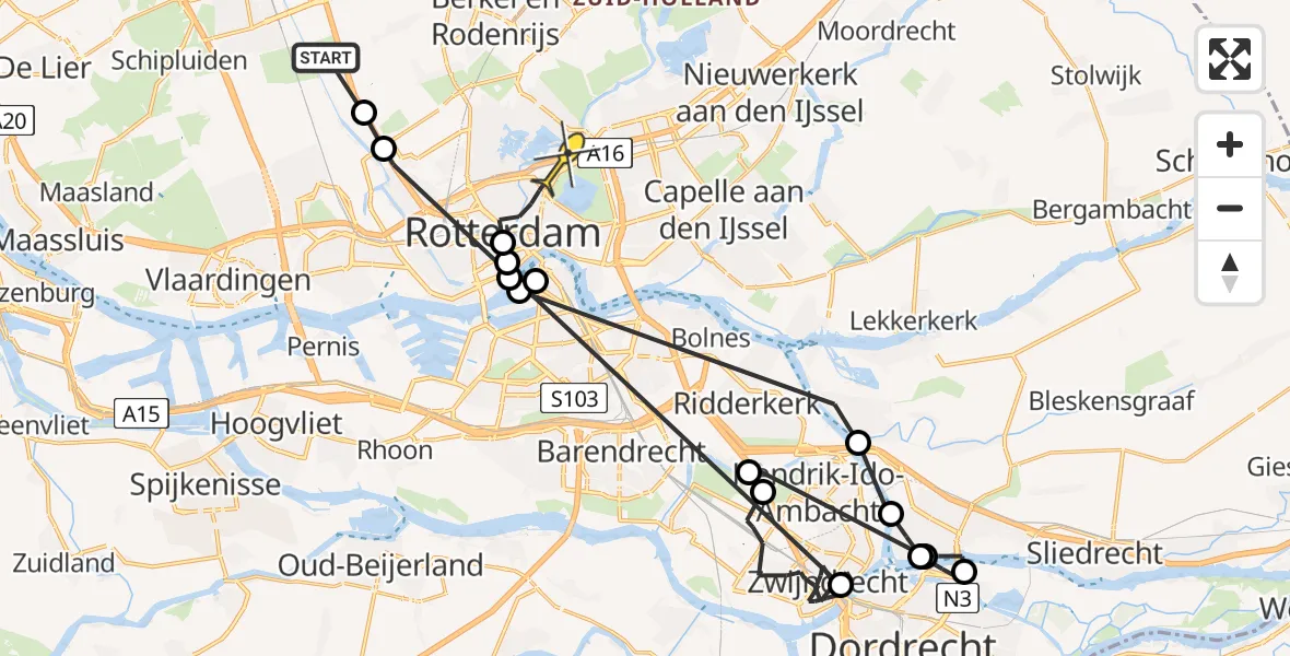 Routekaart van de vlucht: Politieheli naar Rotterdam