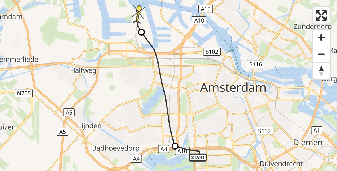Routekaart van de vlucht: Lifeliner 1 naar Amsterdam Heliport
