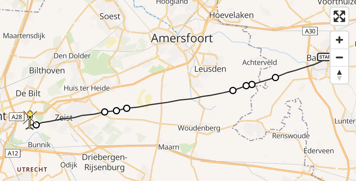 Routekaart van de vlucht: Lifeliner 1 naar Universitair Medisch Centrum Utrecht