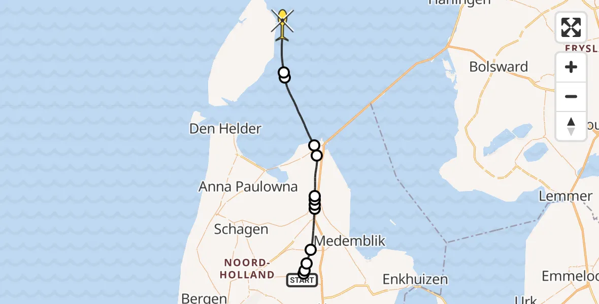 Routekaart van de vlucht: Politiehelikopter naar De Cocksdorp