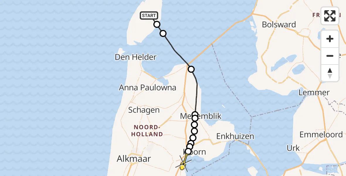 Routekaart van de vlucht: Politiehelikopter naar Scharwoude