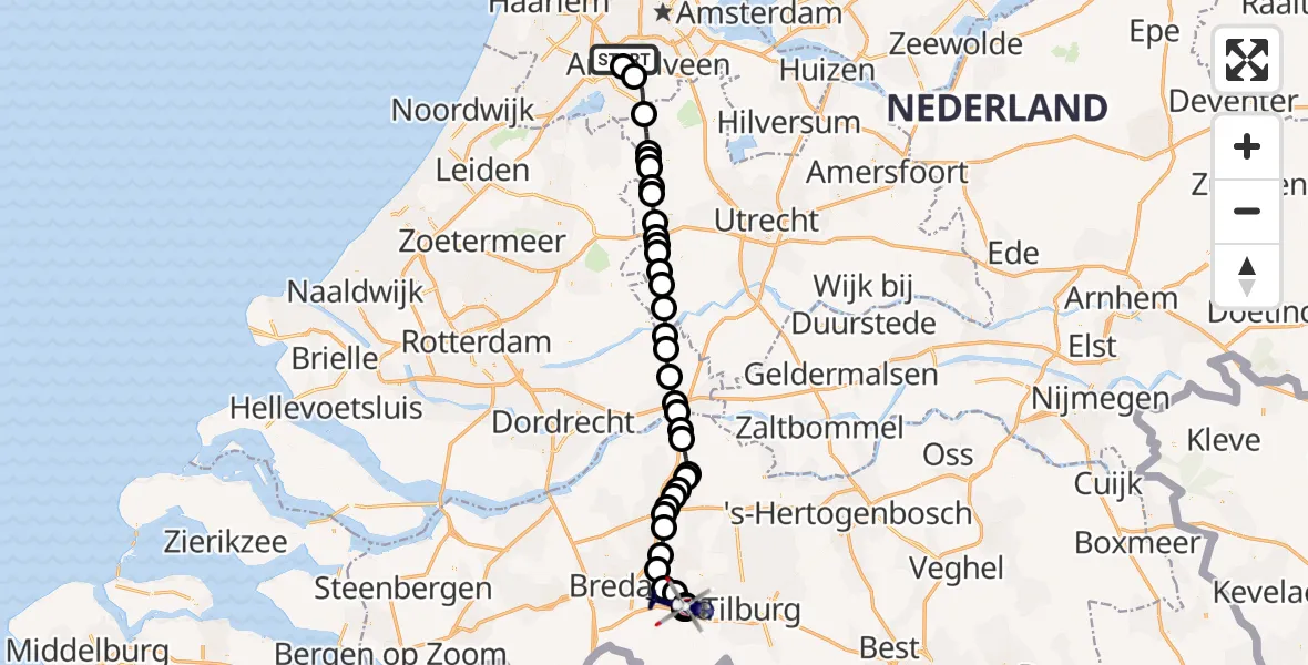 Vluchtroute Politiehelikopter van Schiphol naar Vliegbasis Gilze-Rijen