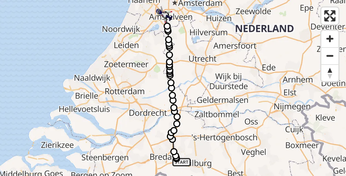 Vluchtroute Politiehelikopter van Vliegbasis Gilze-Rijen naar Schiphol
