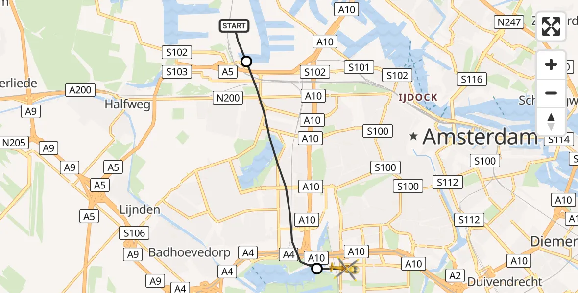 Vluchtroute Traumahelikopter Amsterdam Heliport - VU Medisch Centrum Amsterdam, 05 mei 2022, 04:44