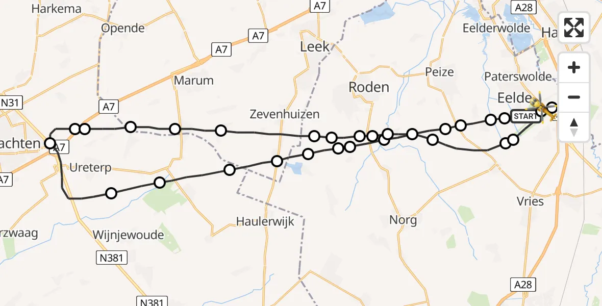 Vluchtroute Traumahelikopter Groningen Airport Eelde - Groningen Airport Eelde, 05 mei 2022, 07:36