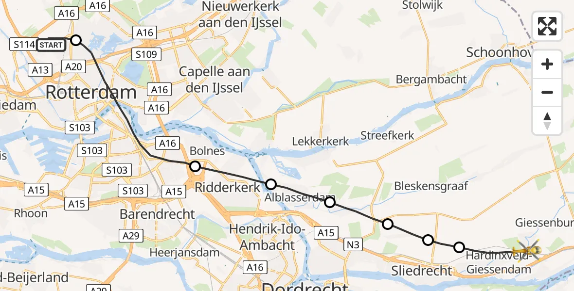 Vluchtroute Traumahelikopter Rotterdam The Hague Airport - Giessenburg, 05 mei 2022, 13:28