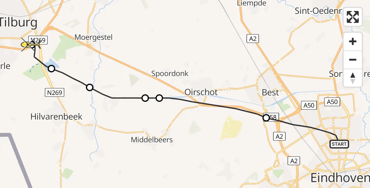 Routekaart van de vlucht: Lifeliner 3 naar Tilburg