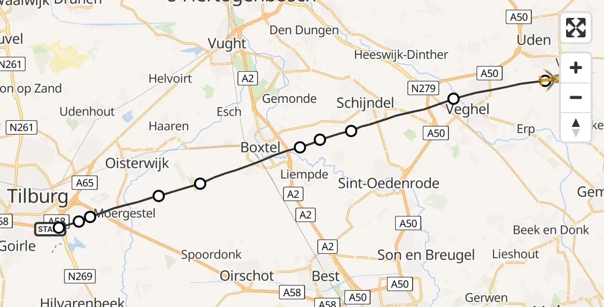 Vluchtroute Traumahelikopter Goirle - Volkel, 05 mei 2022, 14:12