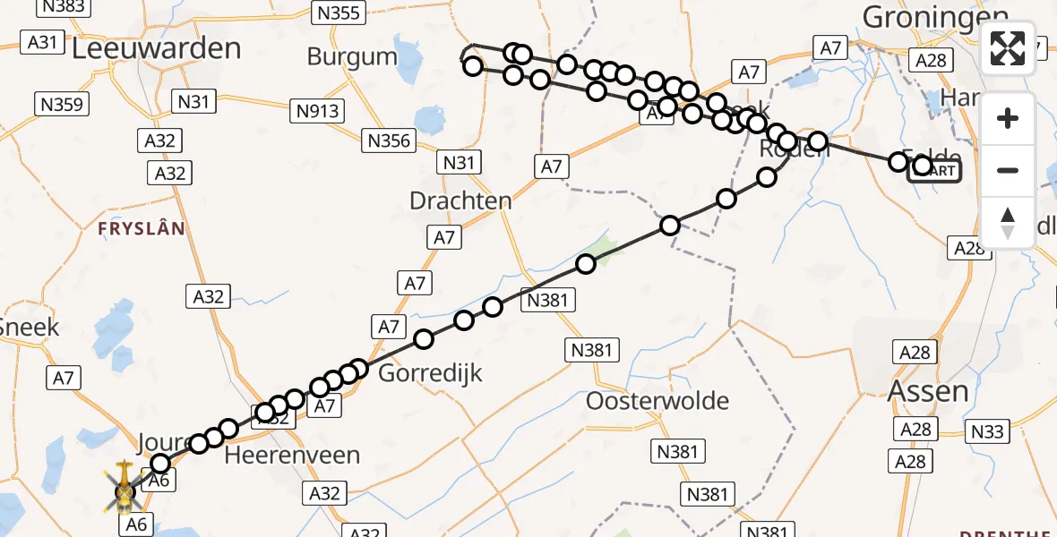 Vluchtroute Traumahelikopter Groningen Airport Eelde - Sint Nicolaasga, 05 mei 2022, 16:29