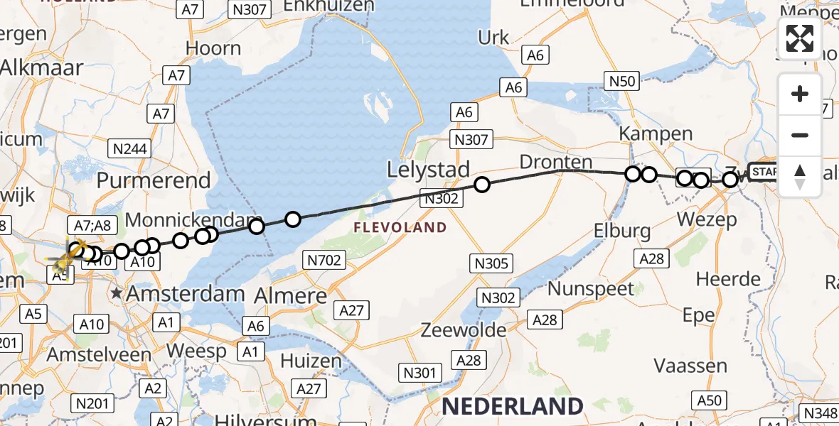 Vluchtroute Traumahelikopter Zwolle - Amsterdam Heliport, 05 mei 2022, 17:46