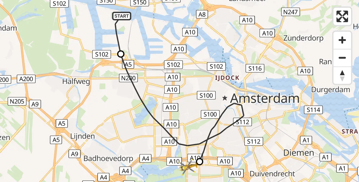 Vluchtroute Traumahelikopter Amsterdam Heliport - VU Medisch Centrum Amsterdam, 05 mei 2022, 18:25