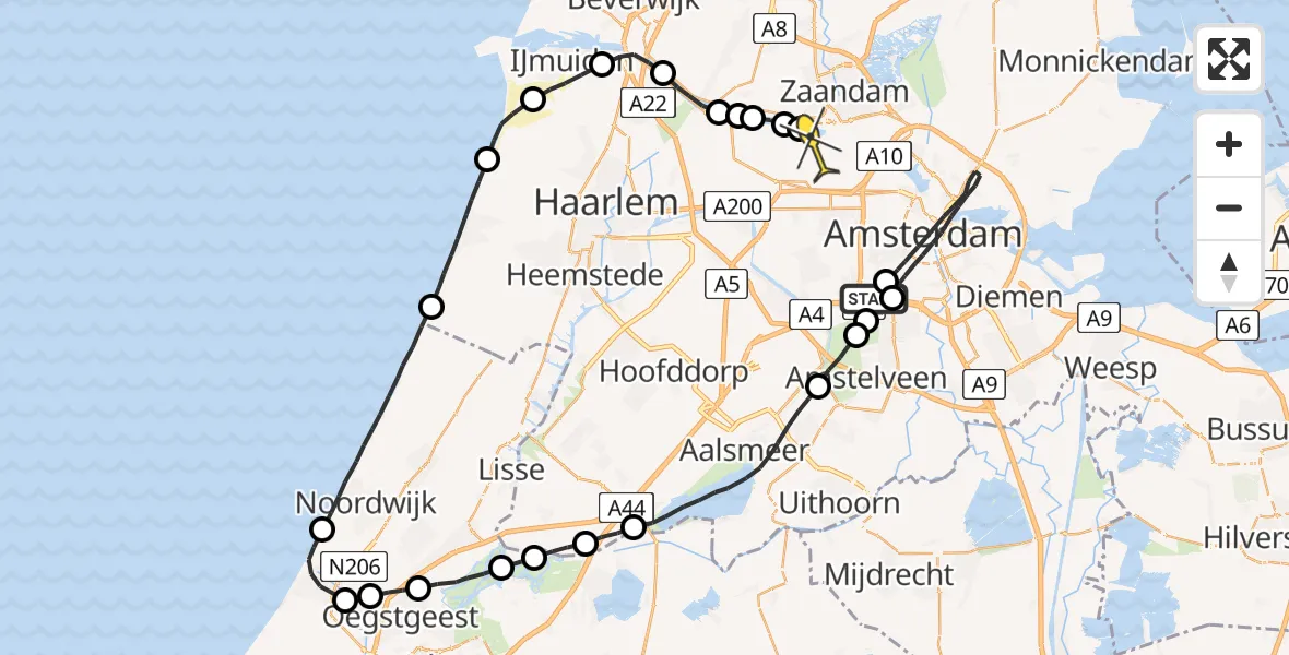Routekaart van de vlucht: Lifeliner 1 naar Amsterdam Heliport