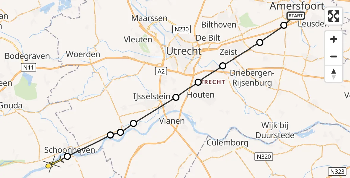 Routekaart van de vlucht: Politiehelikopter naar Groot-Ammers
