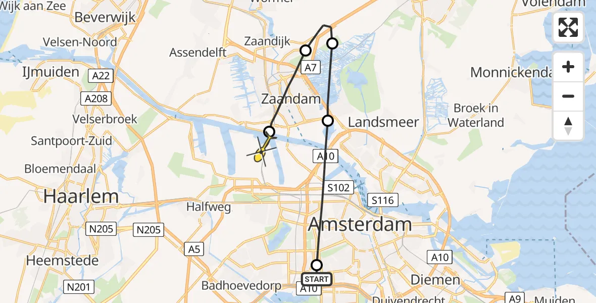 Routekaart van de vlucht: Lifeliner 1 naar Amsterdam Heliport