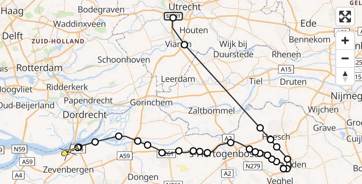 Routekaart van de vlucht: Politieheli naar Moerdijk