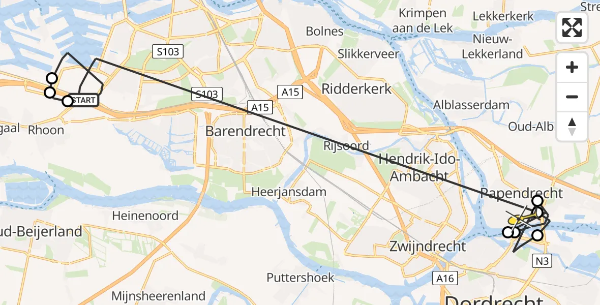 Routekaart van de vlucht: Politieheli naar Papendrecht