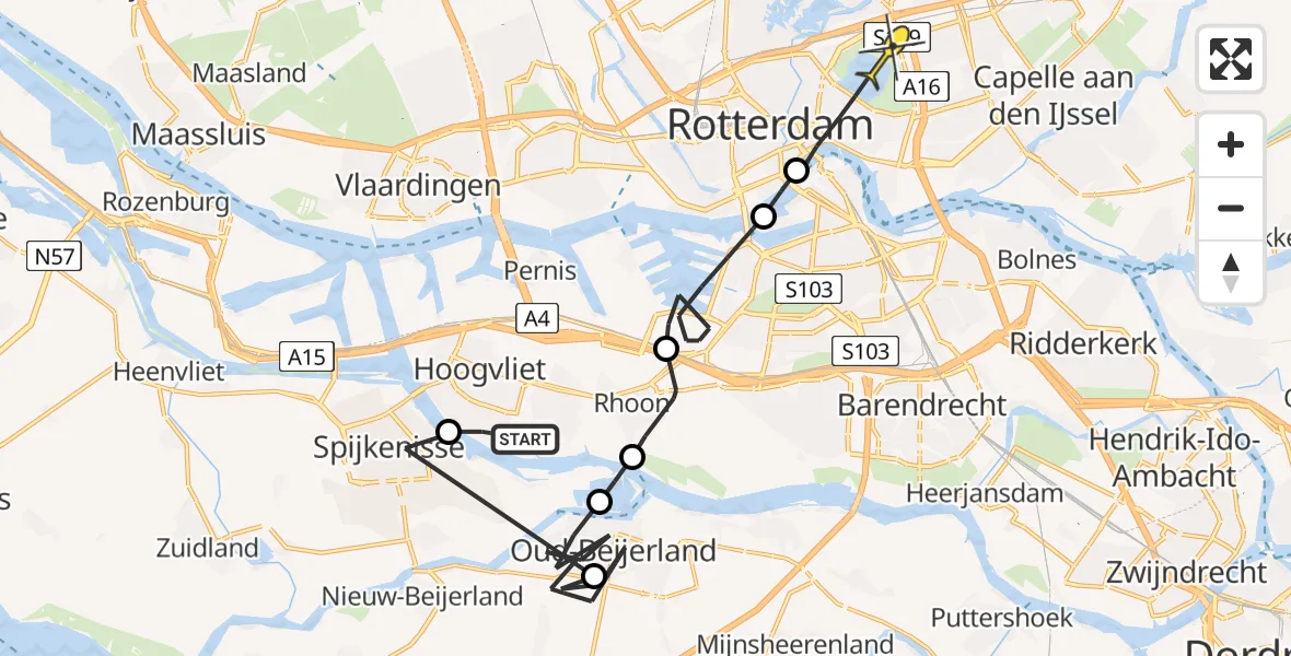 Routekaart van de vlucht: Politieheli naar Rotterdam