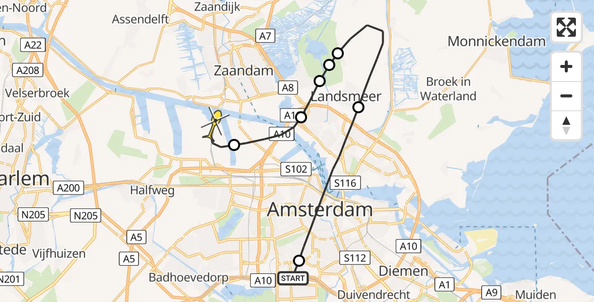 Routekaart van de vlucht: Lifeliner 1 naar Amsterdam Heliport