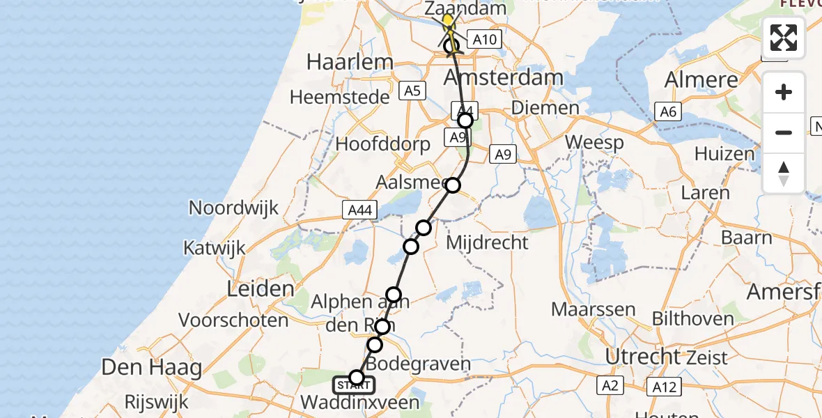 Routekaart van de vlucht: Lifeliner 1 naar Amsterdam Heliport