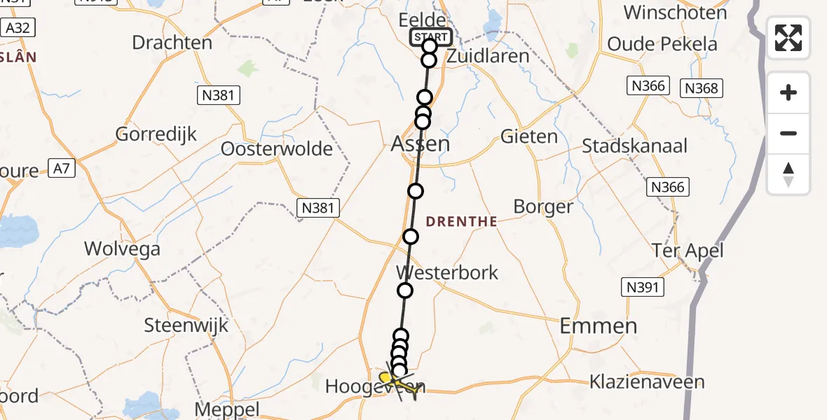 Routekaart van de vlucht: Lifeliner 4 naar Vliegveld Hoogeveen