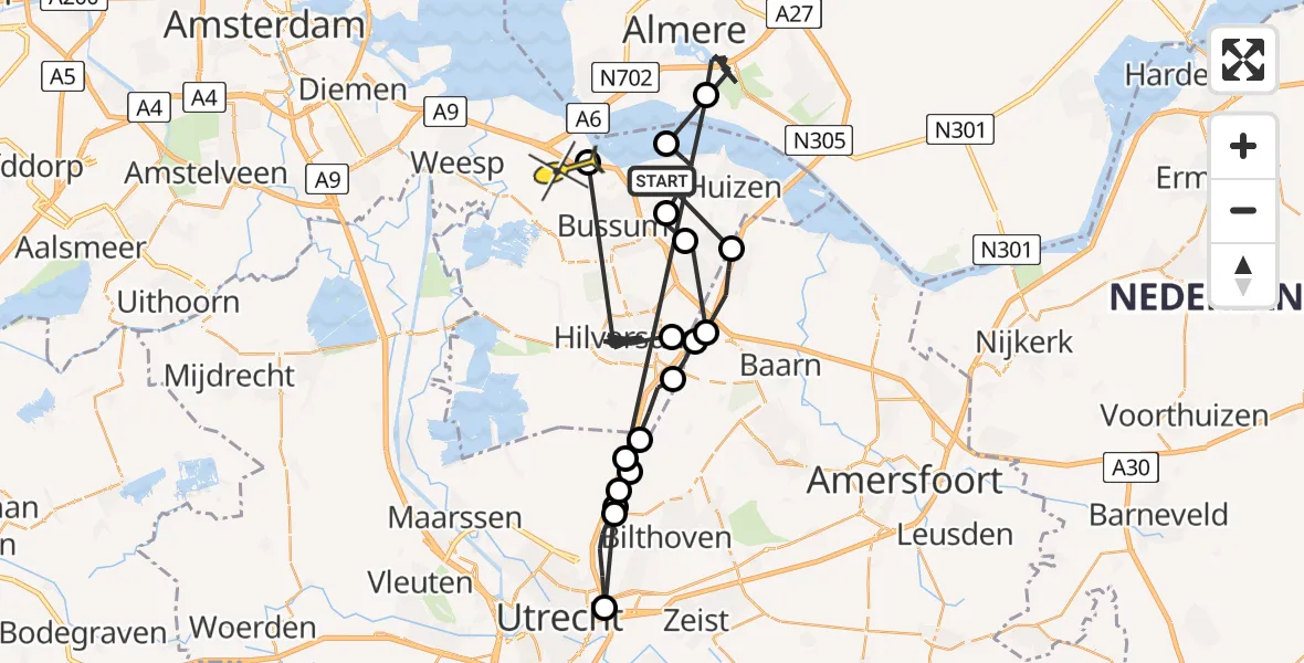 Routekaart van de vlucht: Politiehelikopter naar Naarden