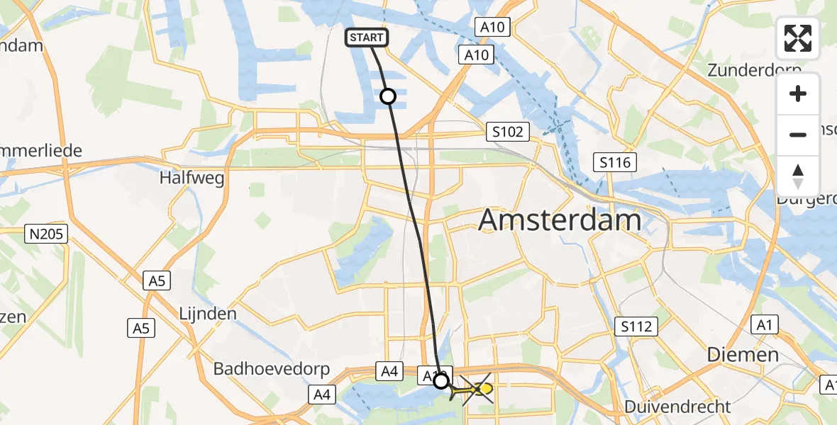 Routekaart van de vlucht: Lifeliner 1 naar VU Medisch Centrum Amsterdam